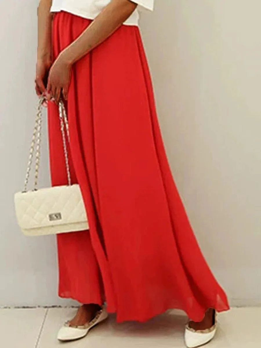 Elegant Layered High Waist Maxi Skirt for Women in Apricot, Black, White, and Red