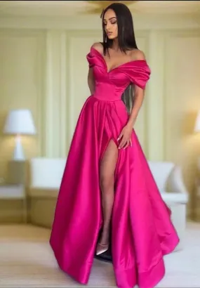 Elegant Pleats Prom Gown Maxi Dresses Satin Side Slit Evening Dress Off the Shoulder Party Prom Dresses For Women Formal robes de soirée