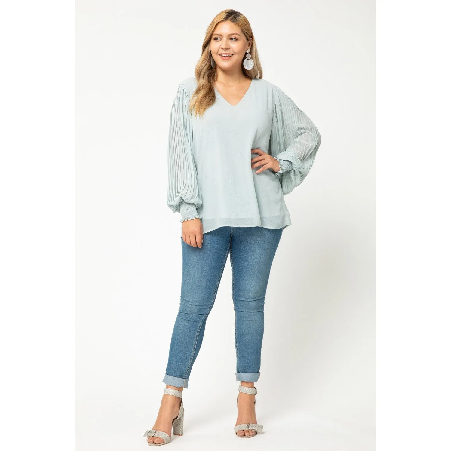 Entro V-Neck Pleated Sleeve Top - Lt Carribean