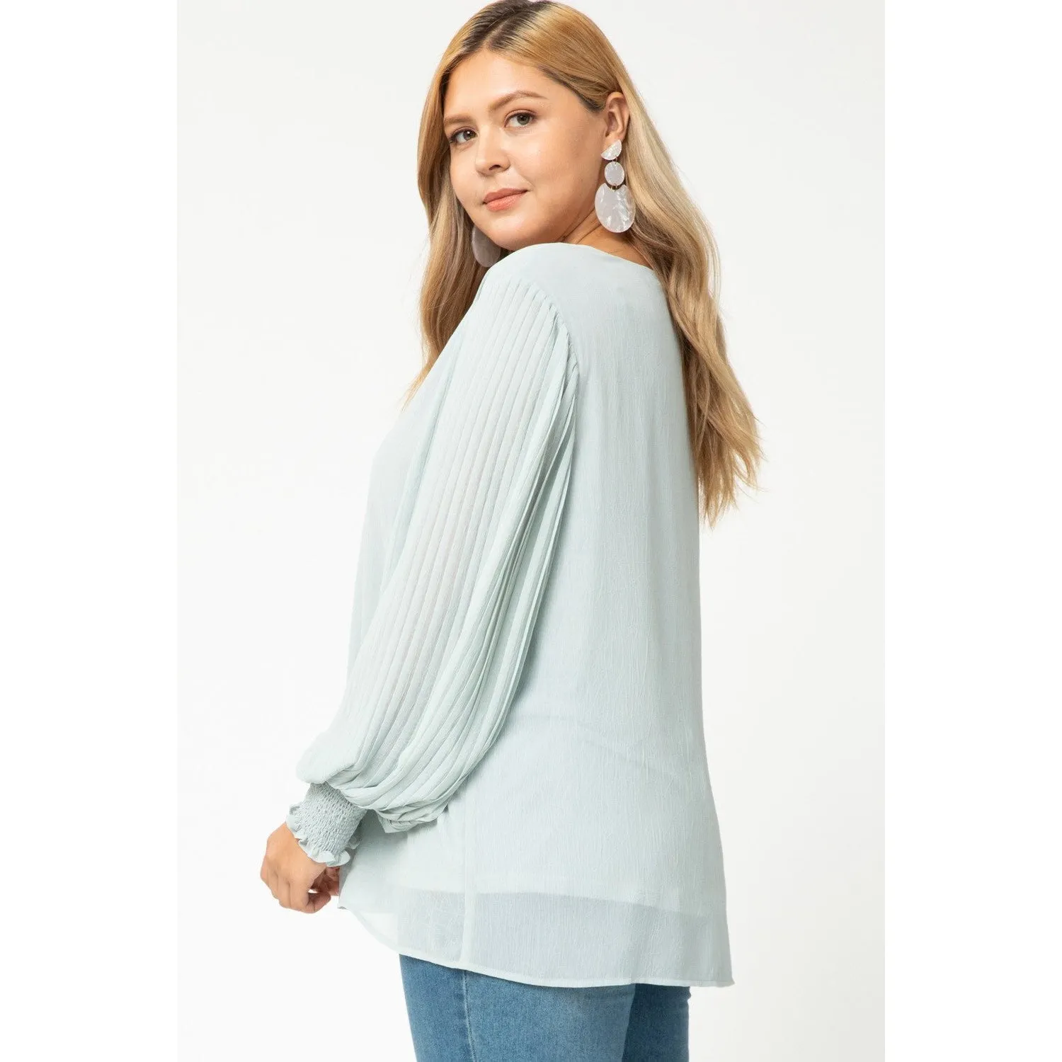 Entro V-Neck Pleated Sleeve Top - Lt Carribean