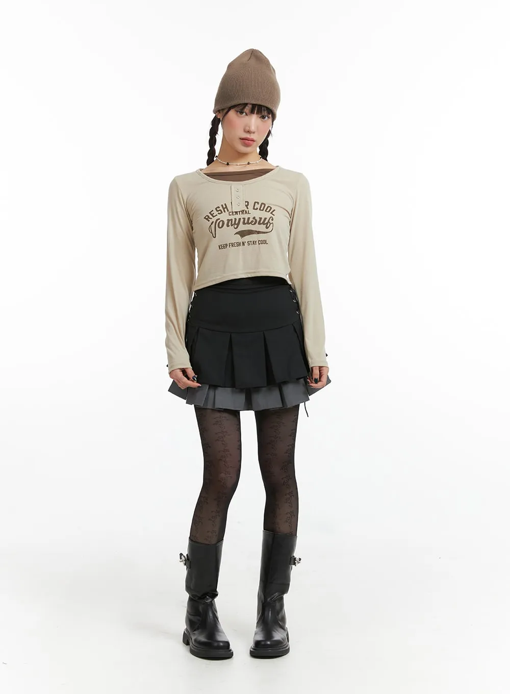 Fake Two-Piece Graphic Lettering Crop Long Sleeve Top IJ411