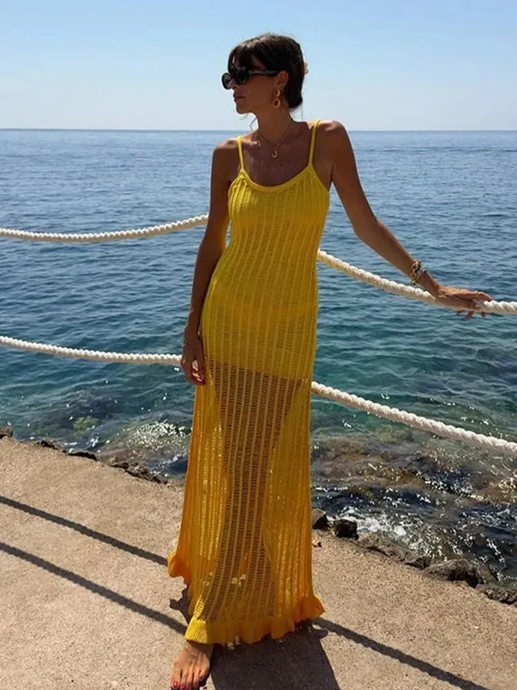 Fashion Half See Through Yellow V-Neck Sleeveless Backless Slim Elegant Beach Maxi Dress