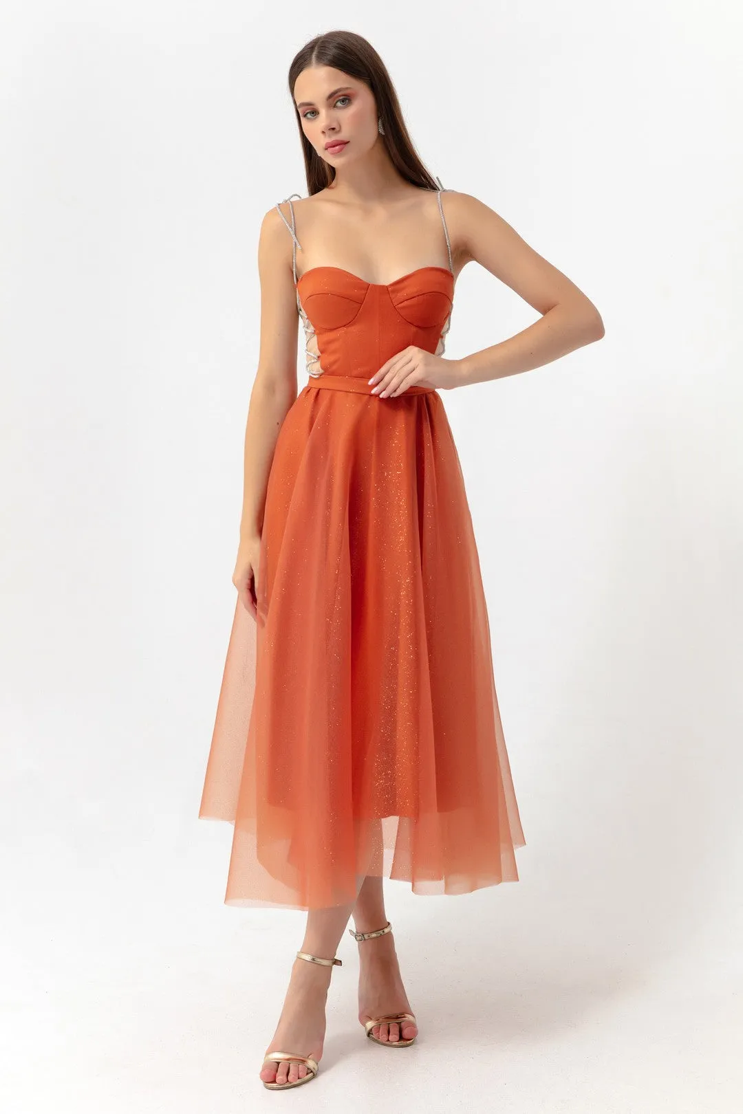 Female Stone Hanger Clash Cut Midi Evening Dress