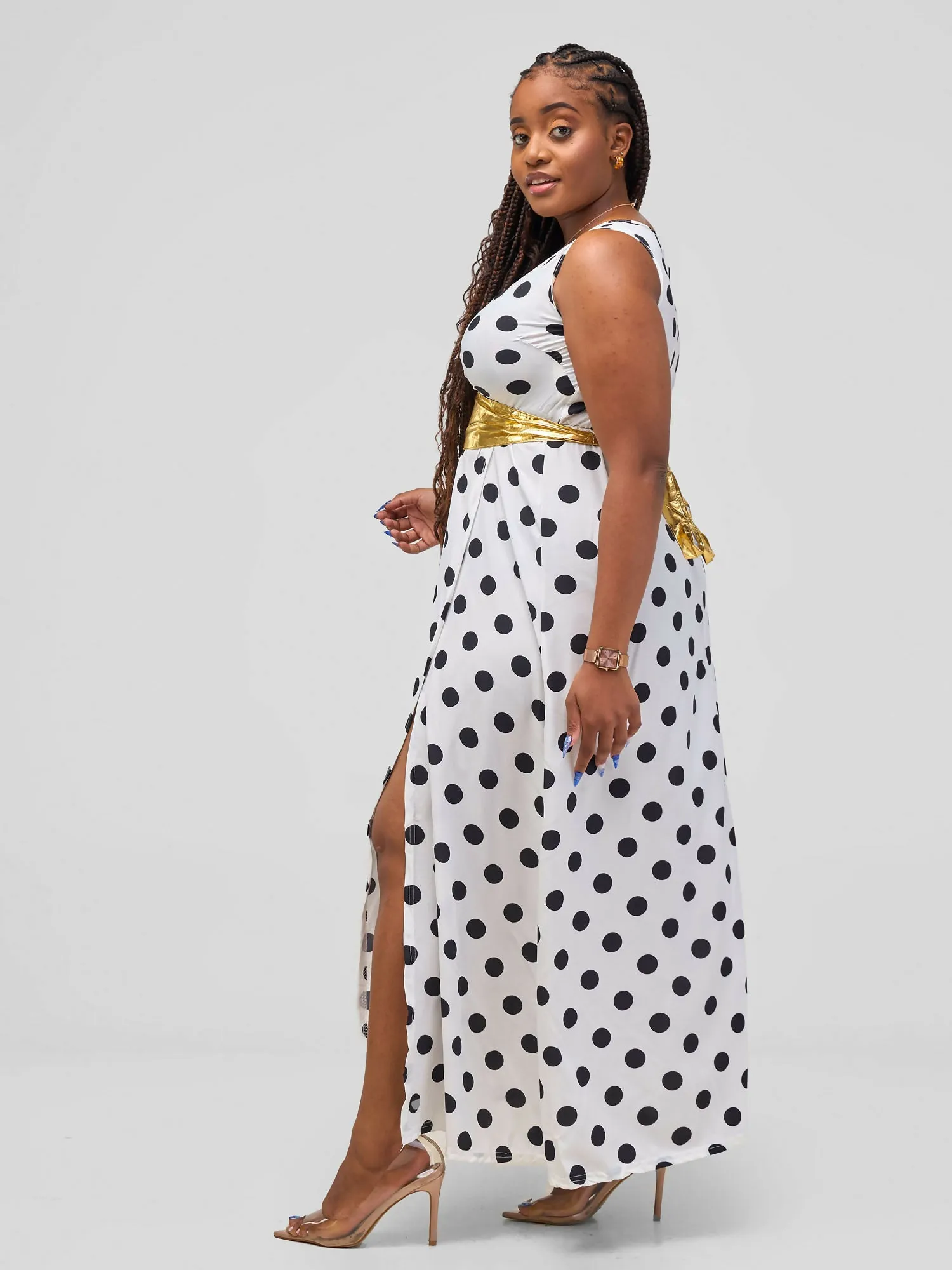 Gloshe Long Slit Polka Dress - White / Black