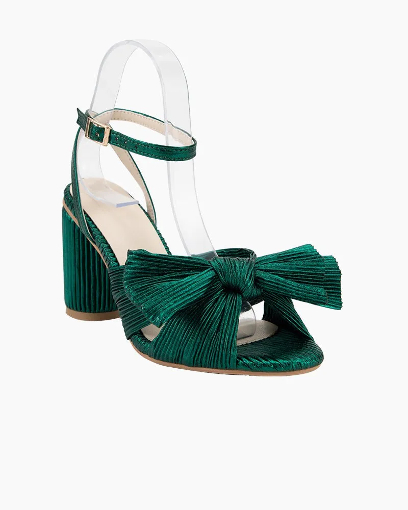 Green Pleated Bow Chunky Ankle High Heel Sandals