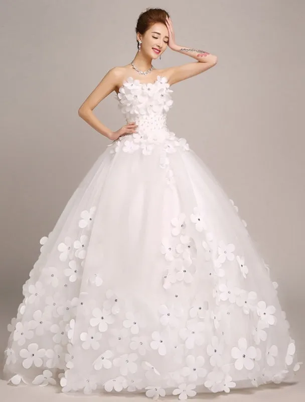 Ivory Wedding Dresses Princess Ball Gowns Bridal Dress 3D Flowers Strapless Beaded Women Pageant Dresses