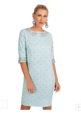 Jersey Embroidered Dress - Pale Blue/Silver