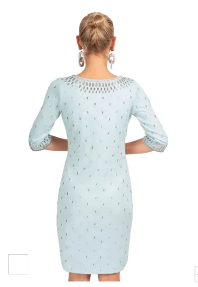 Jersey Embroidered Dress - Pale Blue/Silver