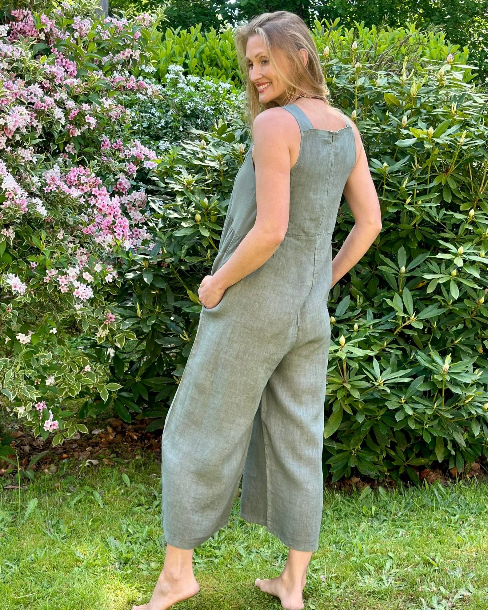 Linen Zip Back Dungarees - Khaki