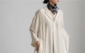 Long-Sleeve Lapel Collar Sashed Plain Half-Button Linen Midi A-Line Dress aa2