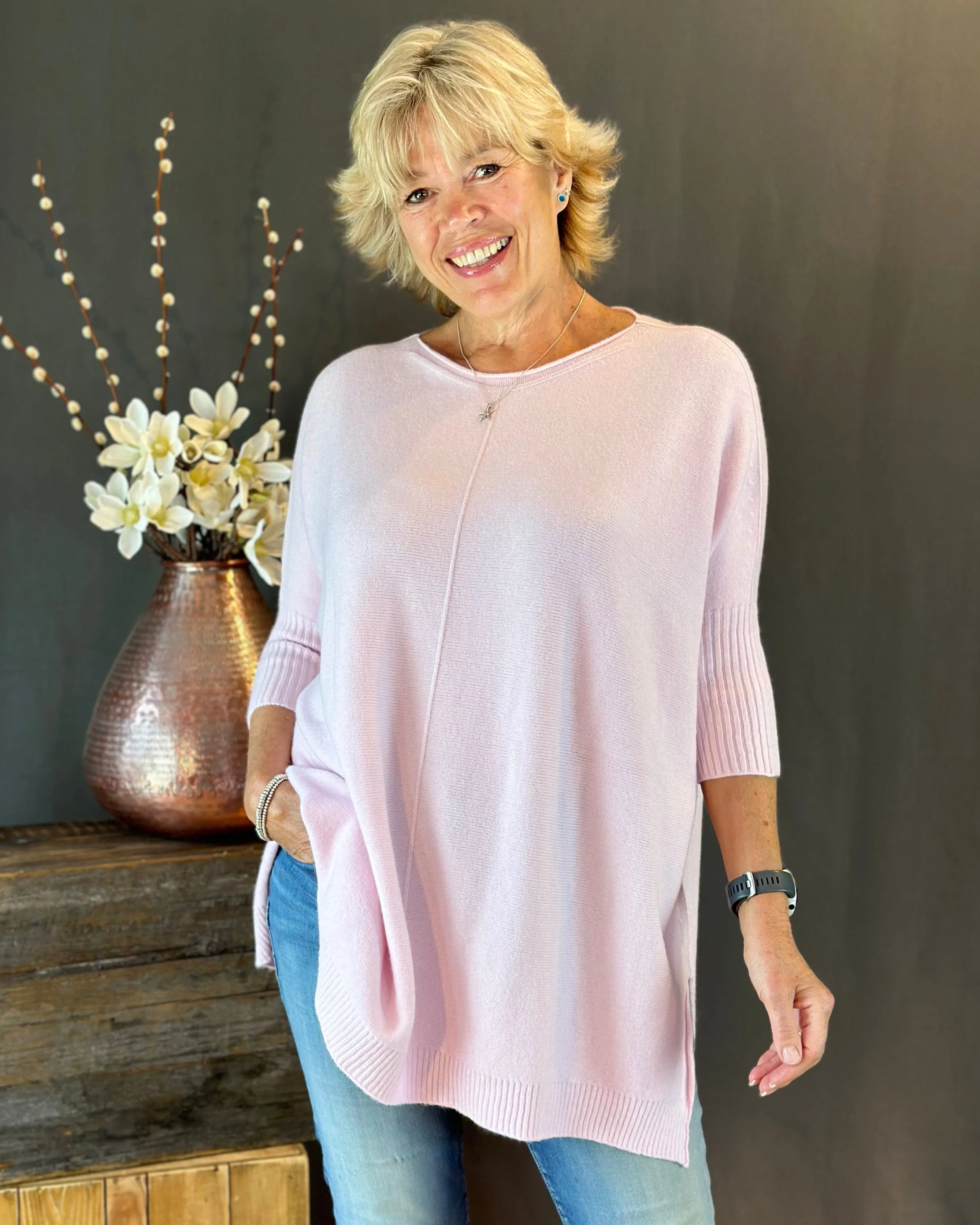 Longline Slouchy Jumper - Pale Pink