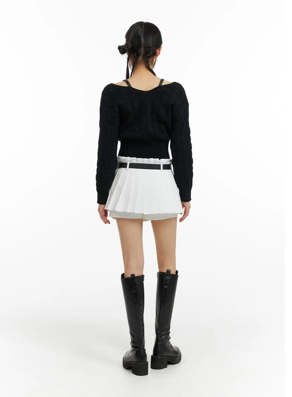 Mid Waist Pleated Mini Skirt with Belt CF420