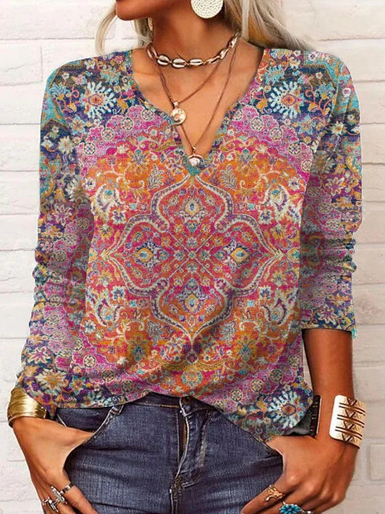 Paisley Gradient Plus Size Henley Shirt for Women