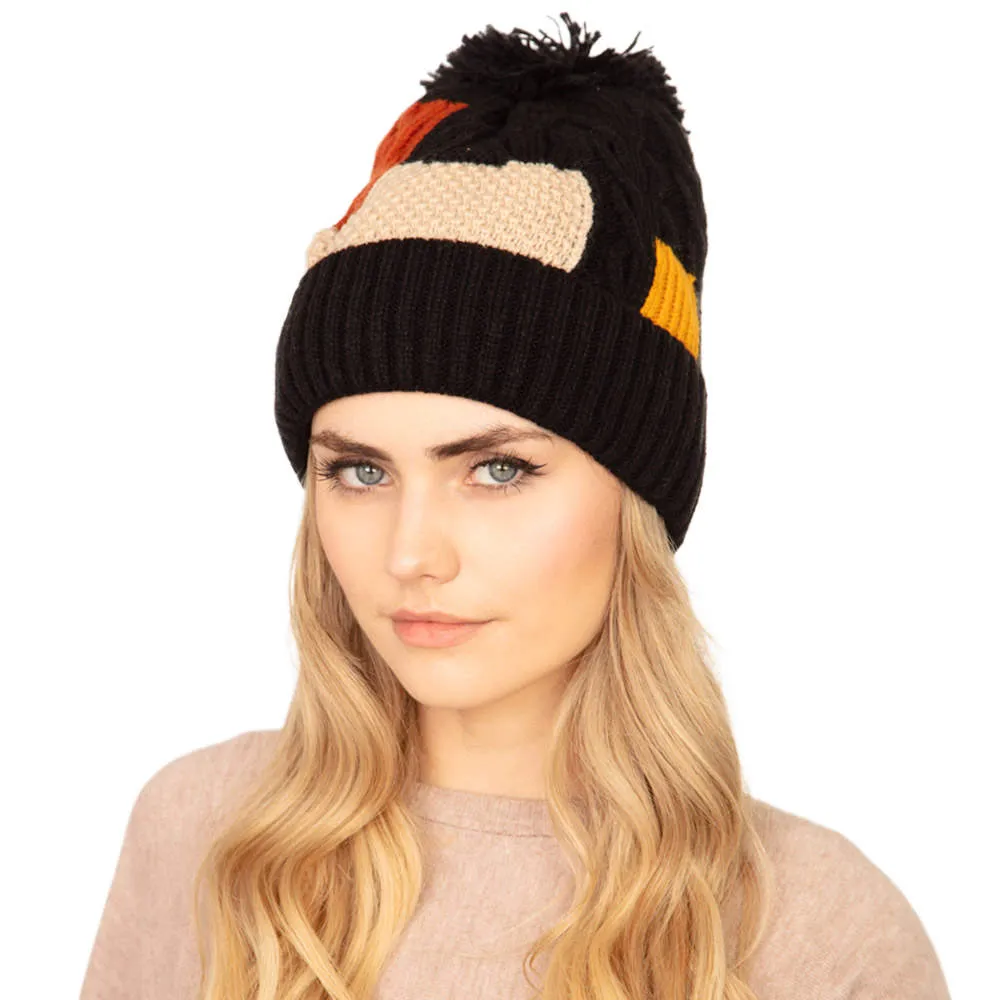 Patch Fleece Pom Pom Beanie Hat