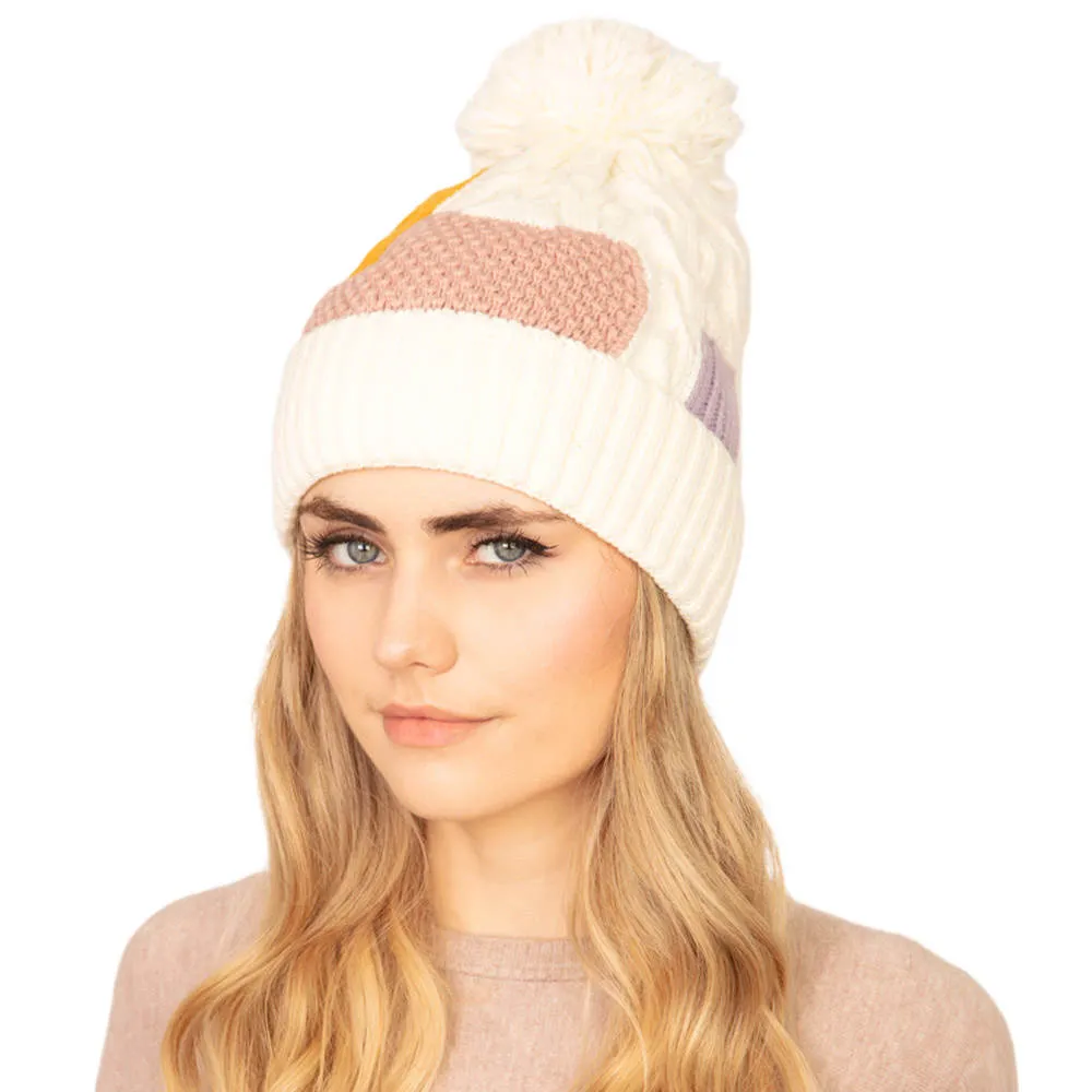 Patch Fleece Pom Pom Beanie Hat