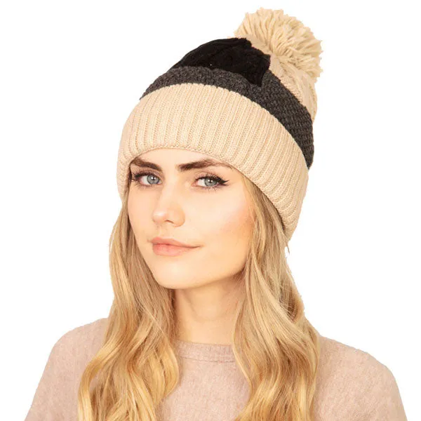 Patch Fleece Pom Pom Beanie Hat