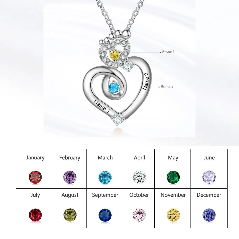 Personalized 2 Names Baby Feet Zircon Heart-Shaped Pendant