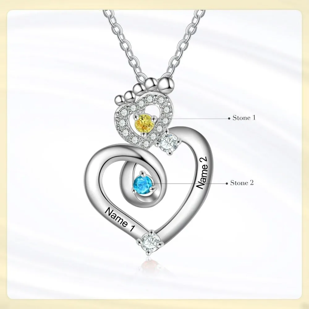 Personalized 2 Names Baby Feet Zircon Heart-Shaped Pendant