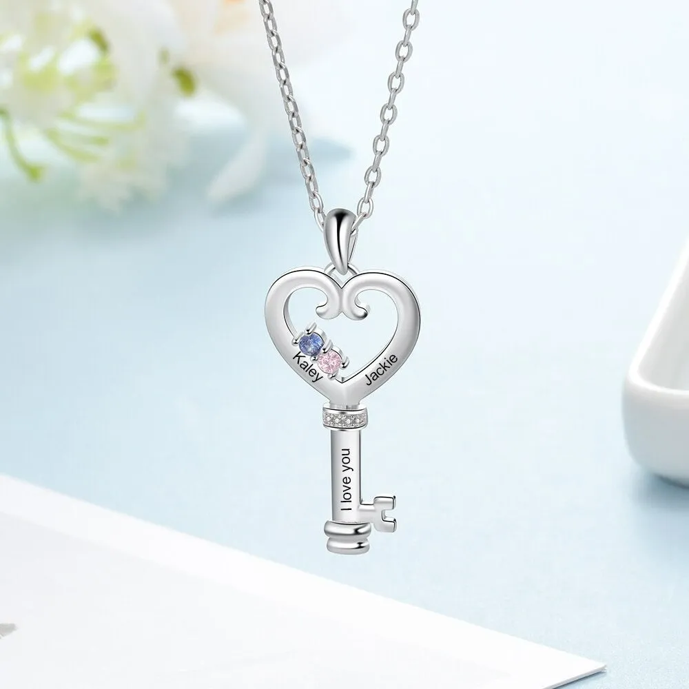 Personalized Key 2 Stones 2 Names Necklace