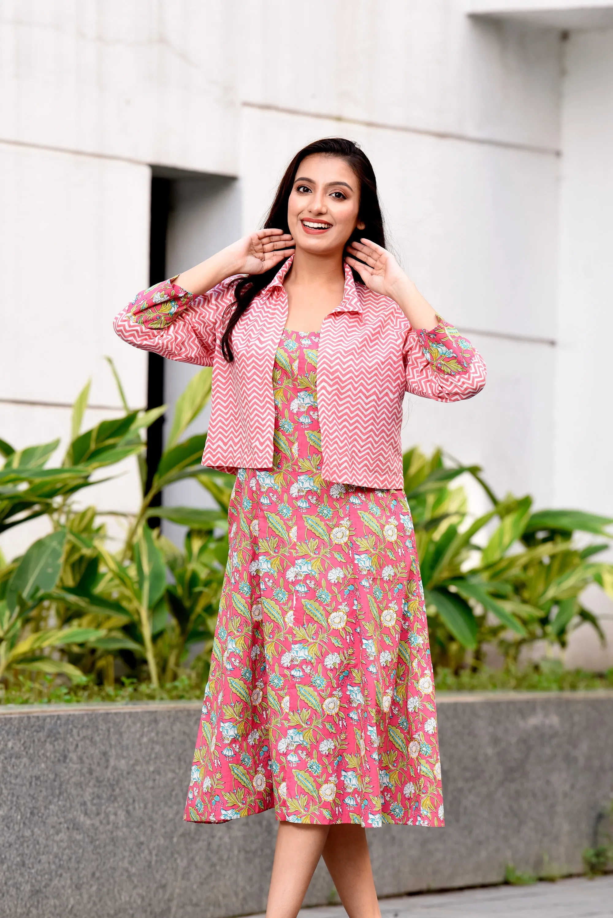 Pink Jaipuri Cotton Dress with Short Jacket