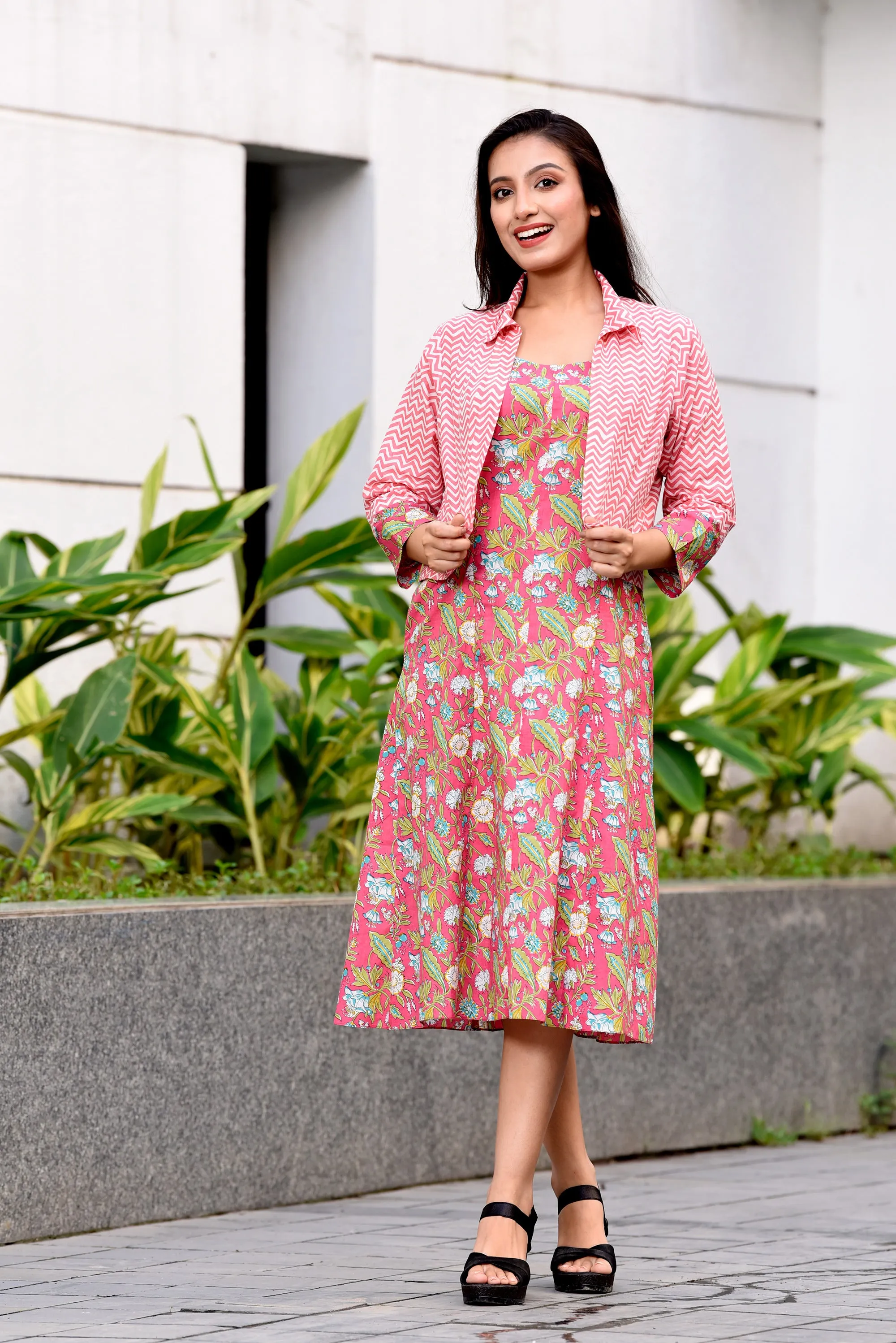 Pink Jaipuri Cotton Dress with Short Jacket