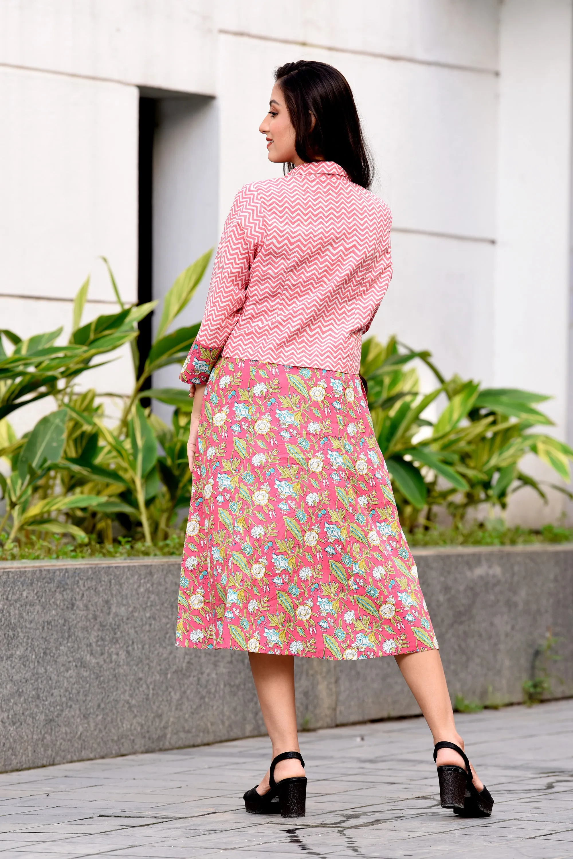 Pink Jaipuri Cotton Dress with Short Jacket