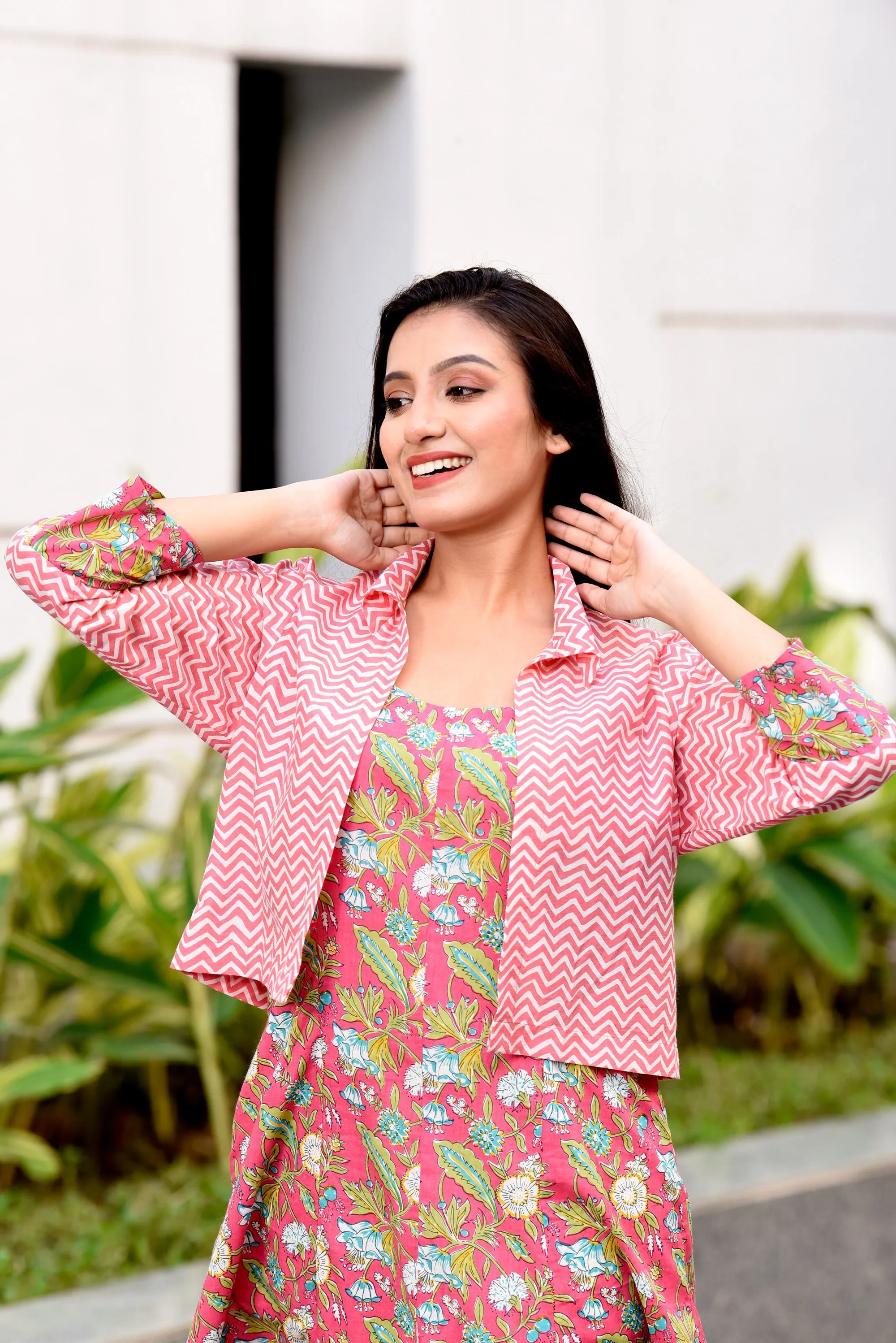 Pink Jaipuri Cotton Dress with Short Jacket