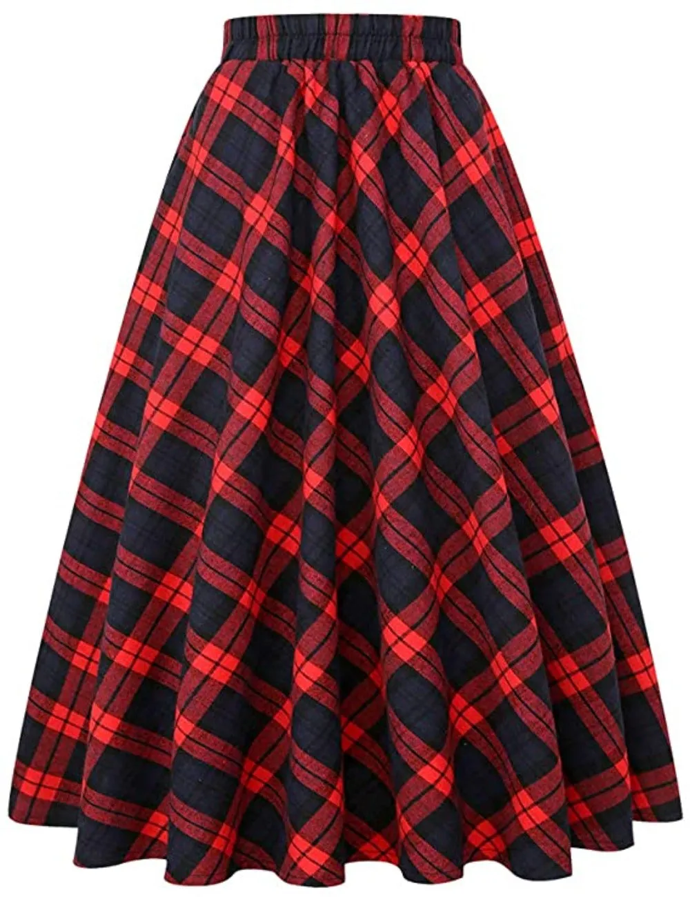 Plaid Skirt Elastic Waist A-line Midi Pleated Skirt