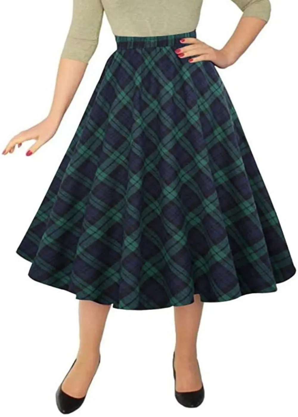 Plaid Skirt Elastic Waist A-line Midi Pleated Skirt