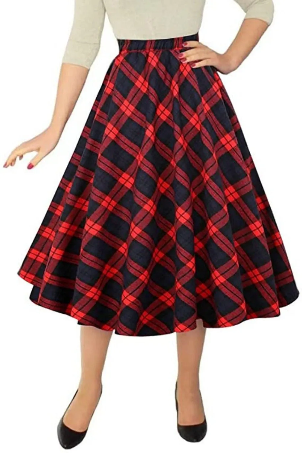 Plaid Skirt Elastic Waist A-line Midi Pleated Skirt