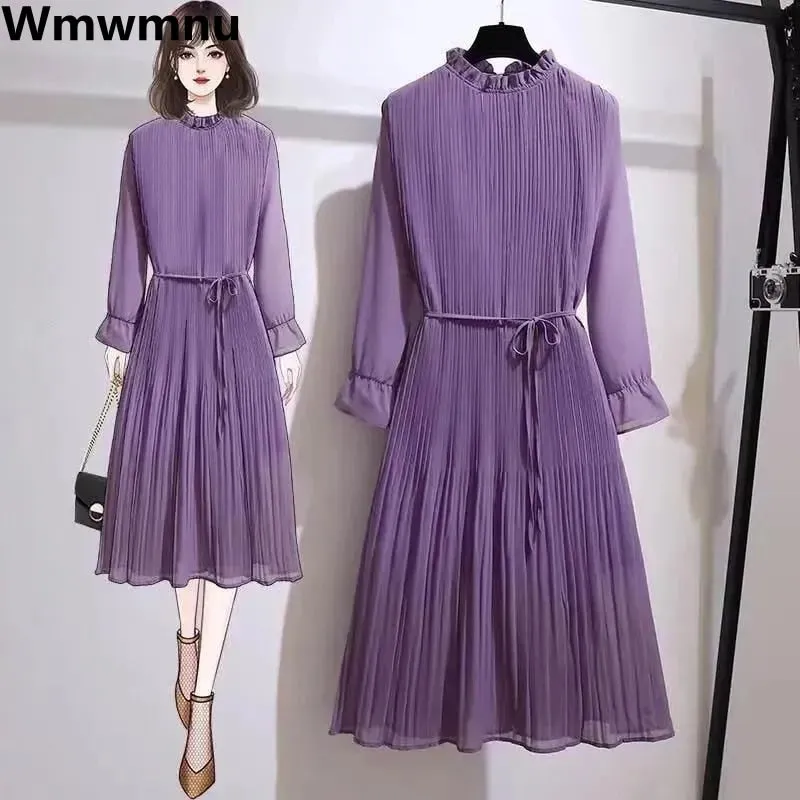 Pleated Chiffon Dress Women  Korean Casual Loose Long Sleeve Dresses