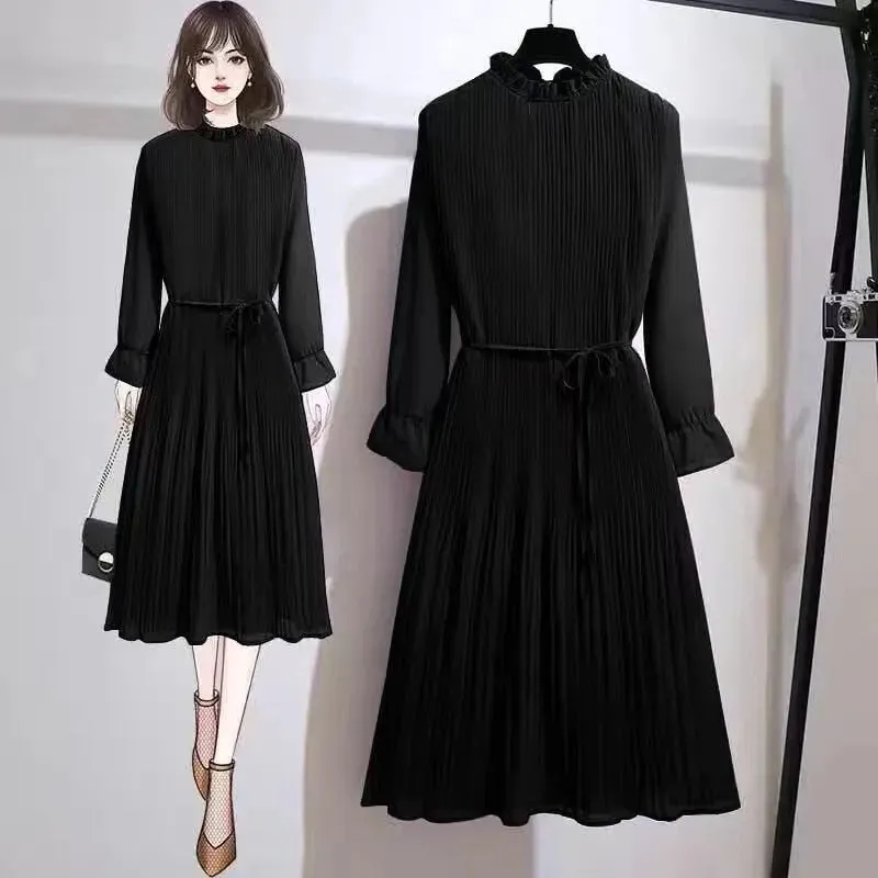 Pleated Chiffon Dress Women  Korean Casual Loose Long Sleeve Dresses