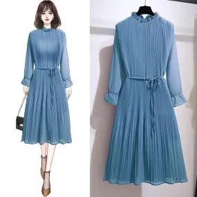 Pleated Chiffon Dress Women  Korean Casual Loose Long Sleeve Dresses