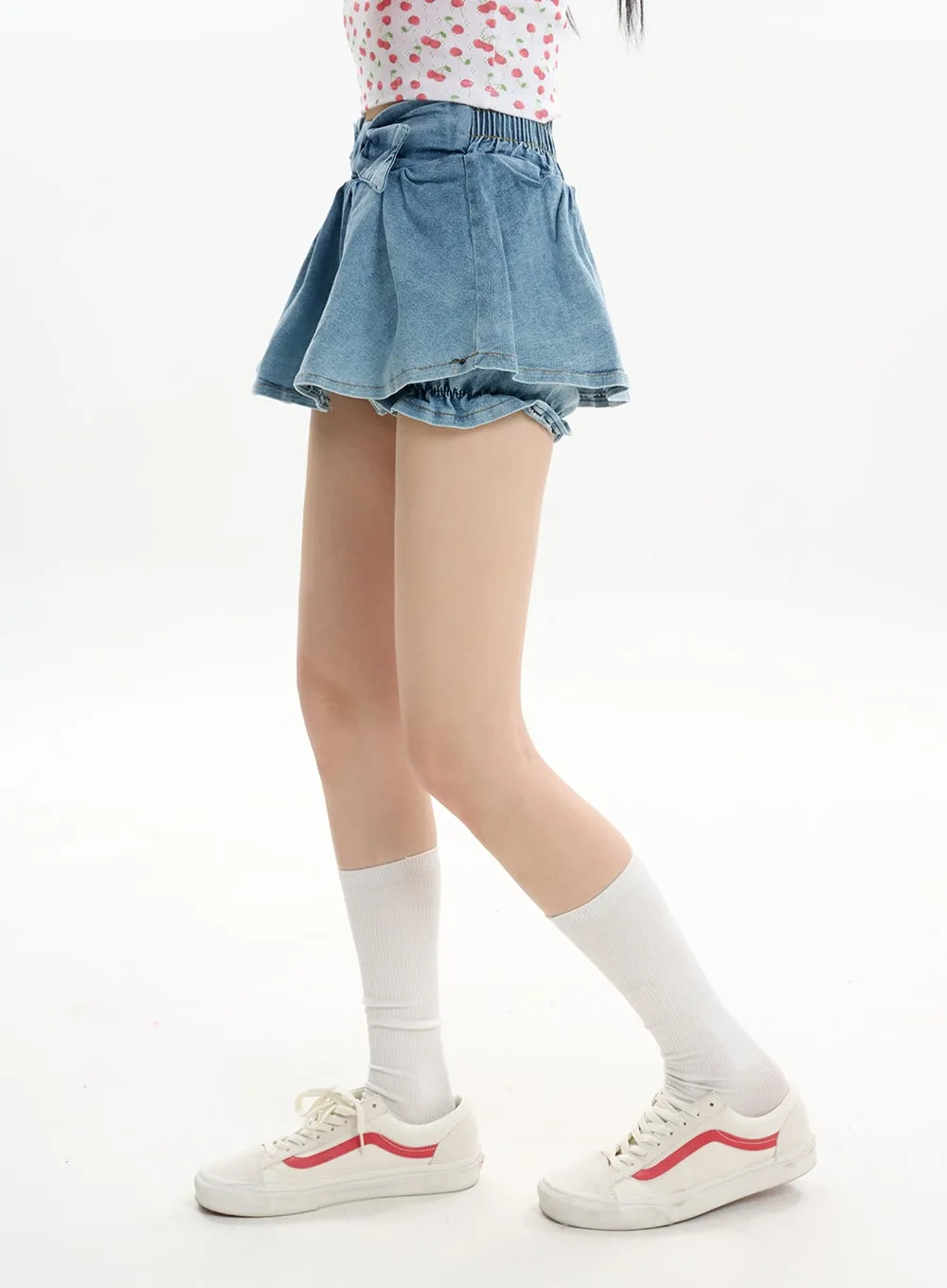 Pleated Fringe Denim Mini Skirt IF413