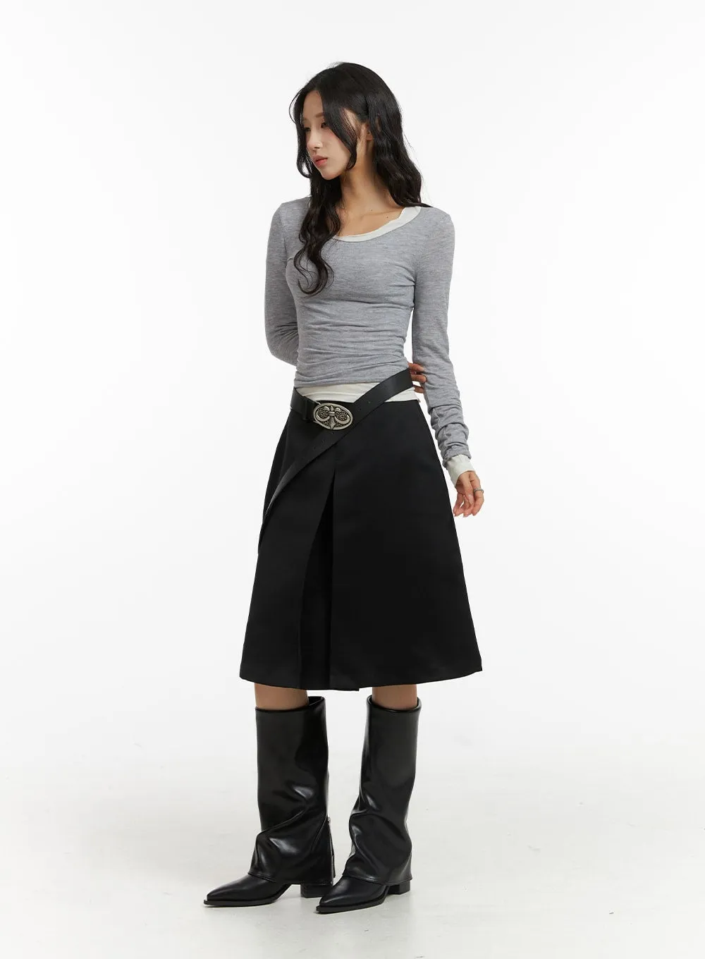 Pleated Mid-Length Solid Skirt CJ417