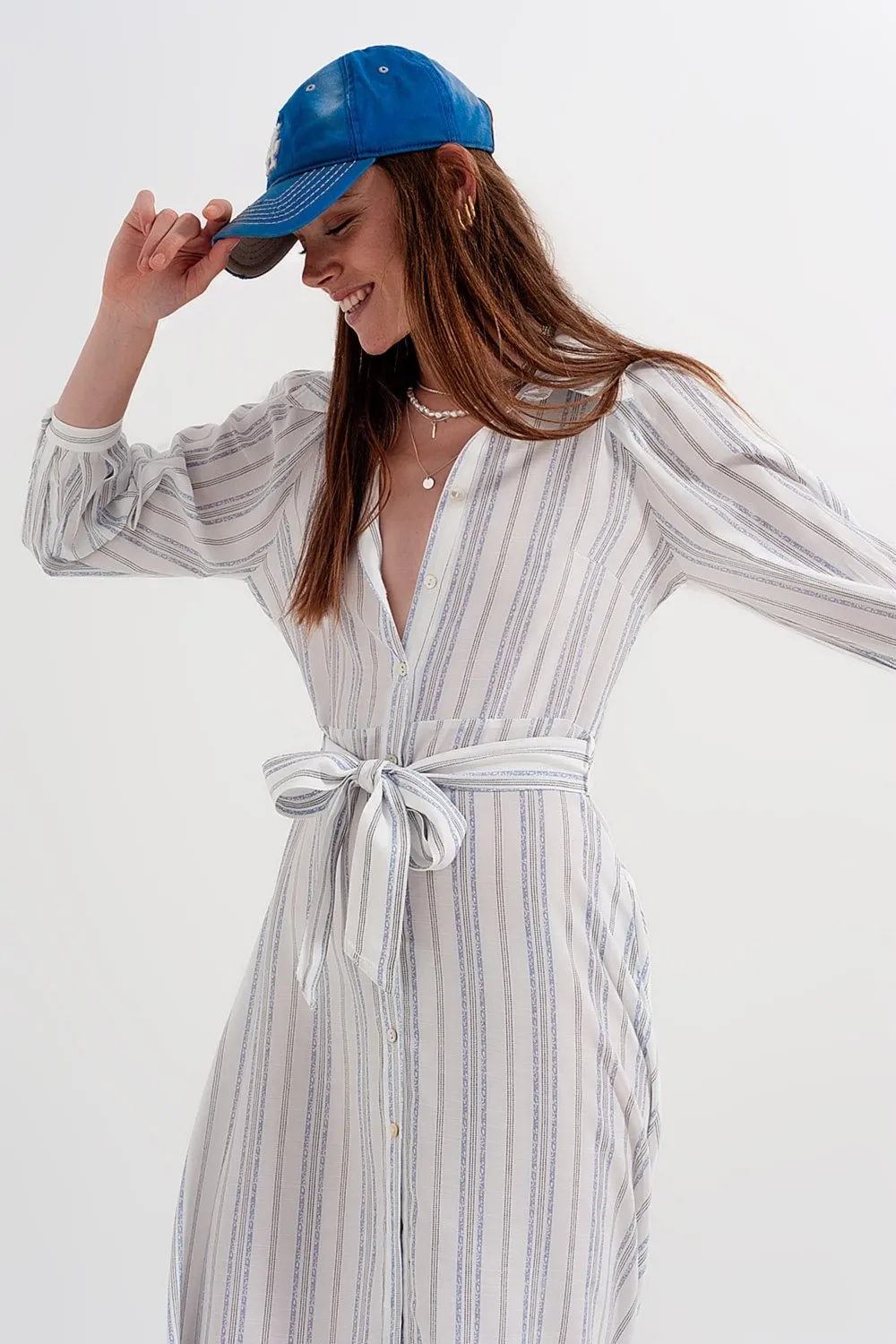 Q2 Button Through Smock Midi Dress in Stripe