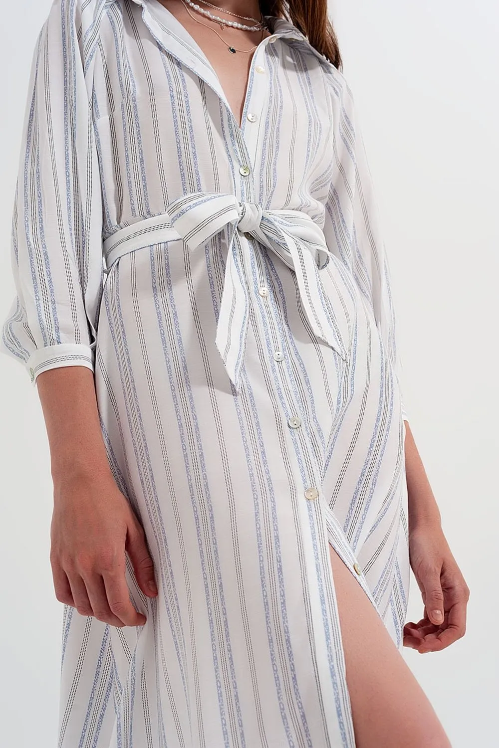 Q2 Button Through Smock Midi Dress in Stripe