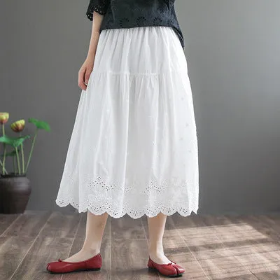 Retro Hollow Embroidery Cotton Linen A-Line Skirt