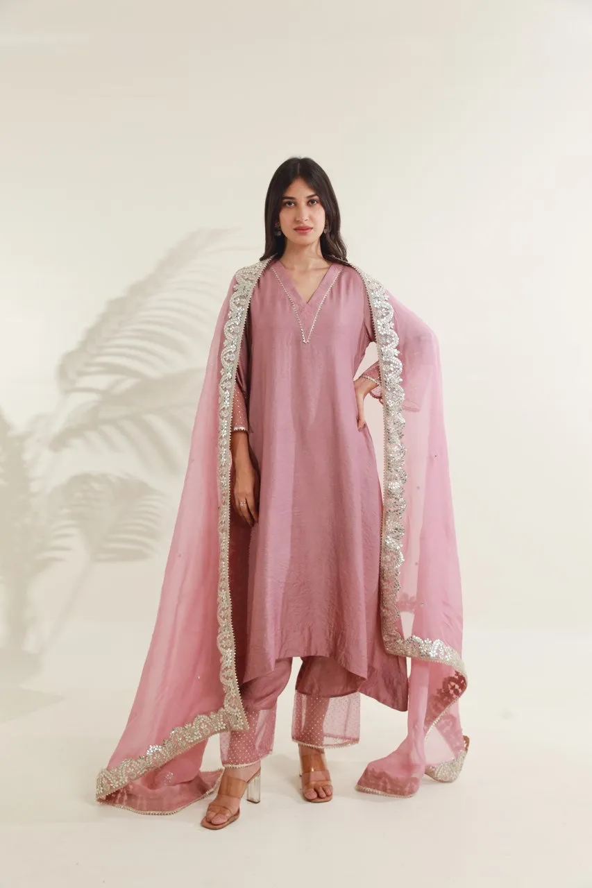 Rose Pink Chanderi Straight  Set