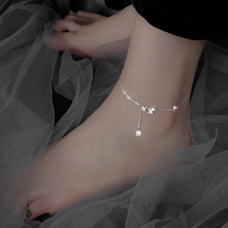 Silver Sterling Tassel Butterfly Shape Anklet