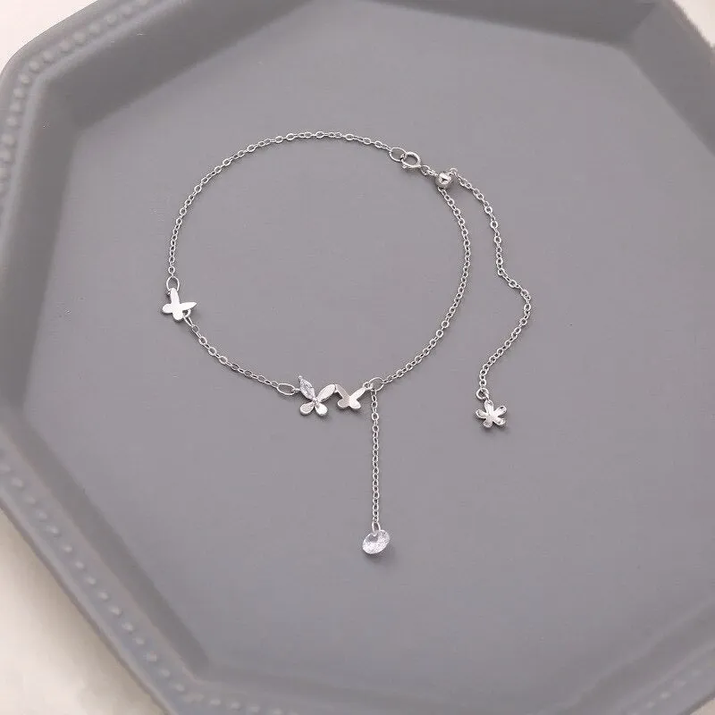 Silver Sterling Tassel Butterfly Shape Anklet