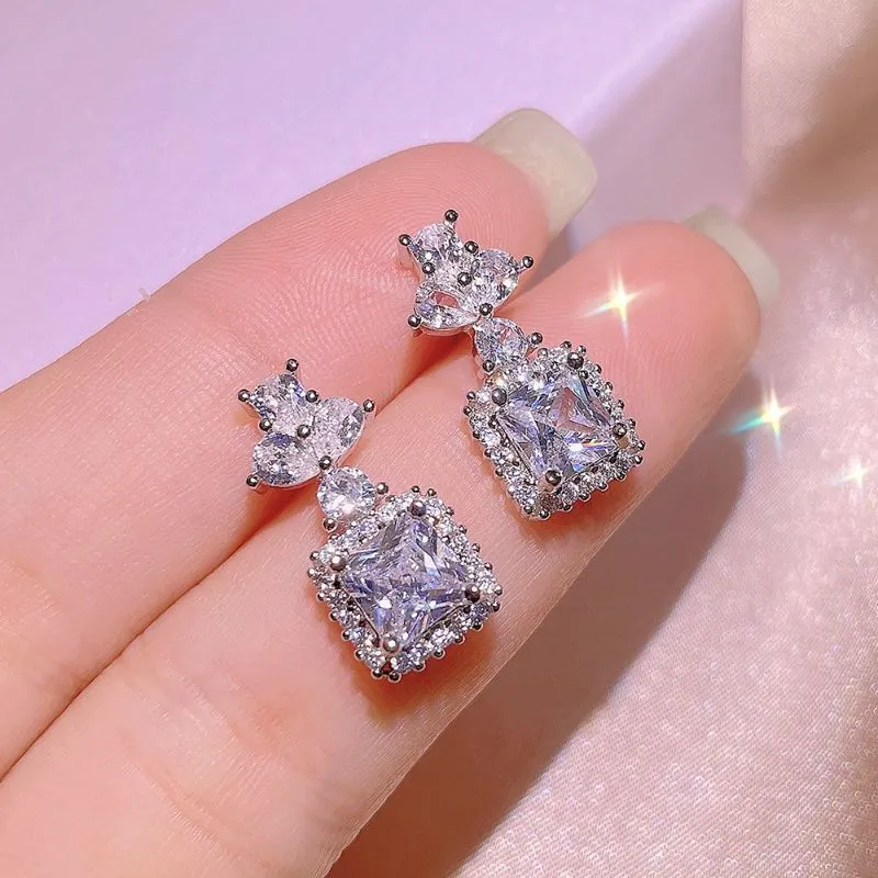 Silver Zircon Shiny Square Jewelry Set For Women