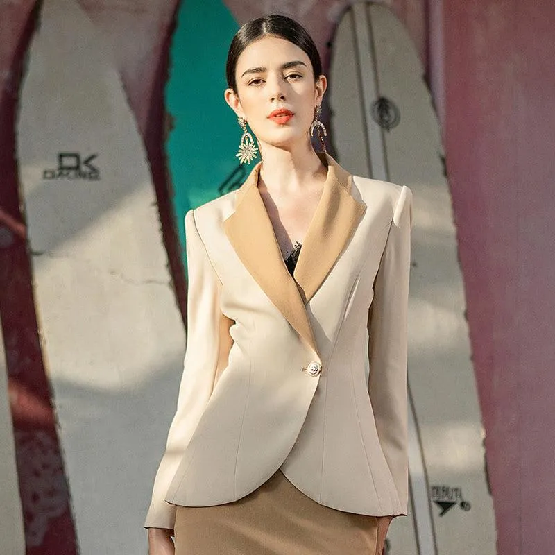 Single-Button Two Tones Blazer Skirt Suit