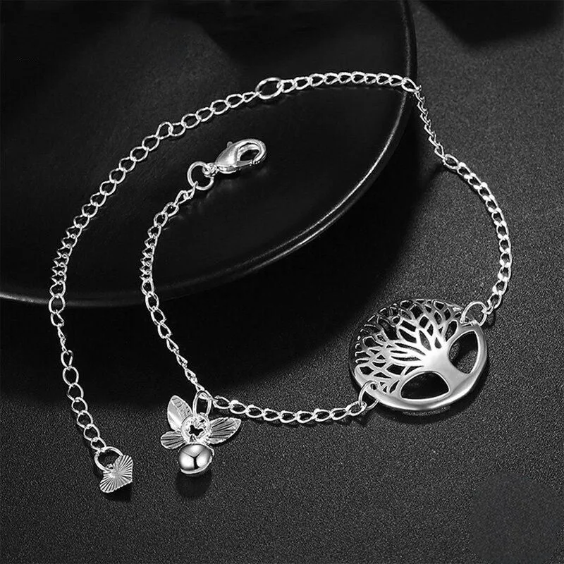 Sterling Silver Adjustable Tree Chain Anklet For Women