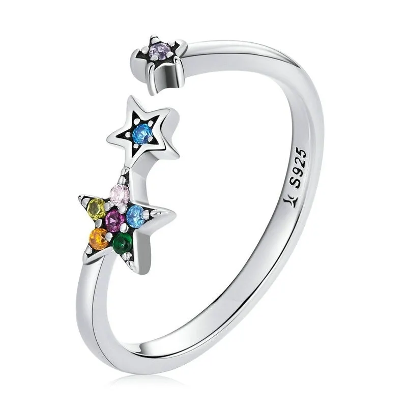 Sterling Silver Rainbow Crystal Star Ring For Women