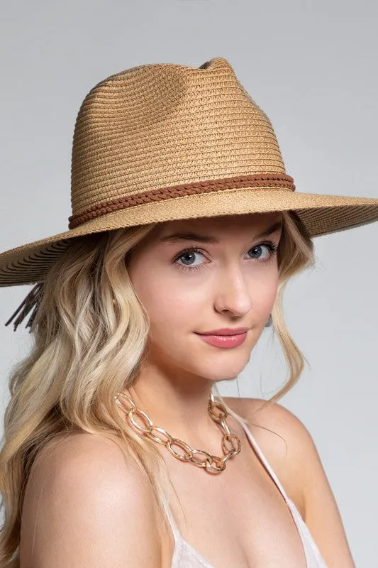 Suede Braid Trim Sun Hat - Dark Natural