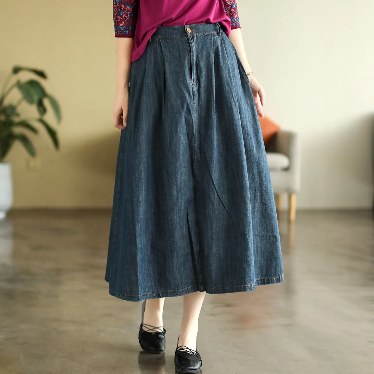 Summer Cotton Denim Retro A-Line High Waist Skirt