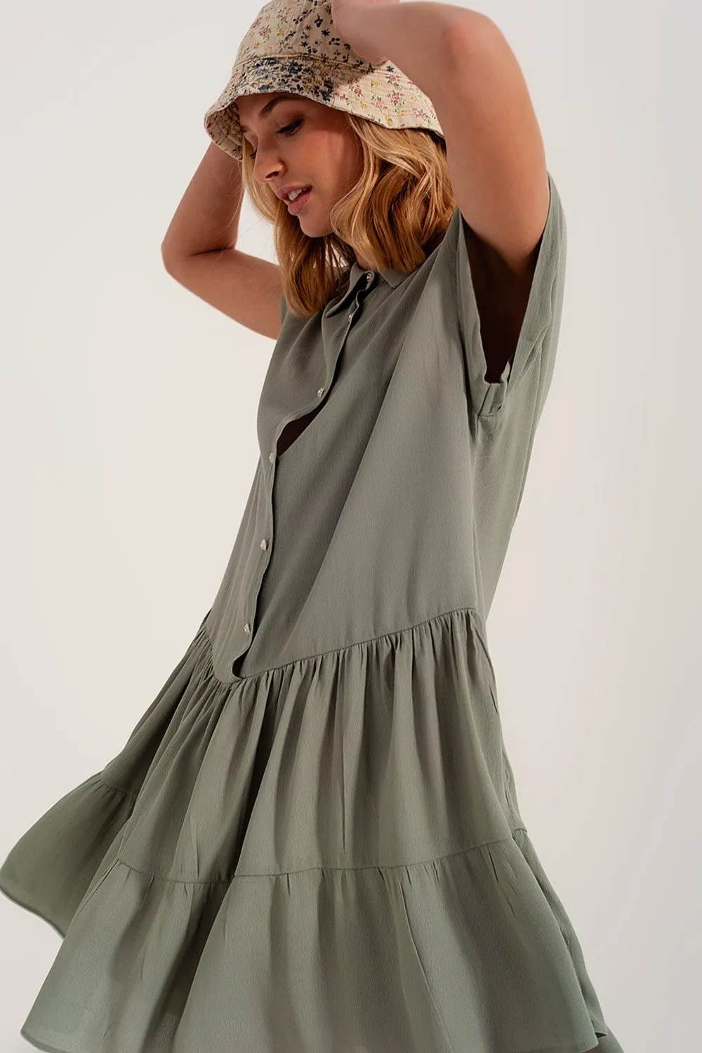 Tiered Hem Shirt Dress in Green