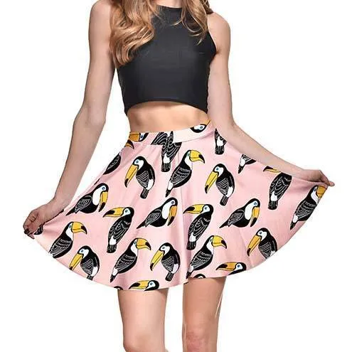 Toucan All Over Print Circle Skirt with Elastic Waist in Pink