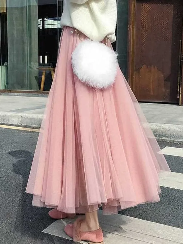 Versatile Tulle Midi Skirt for Women - Black, White, Pink, and Camel